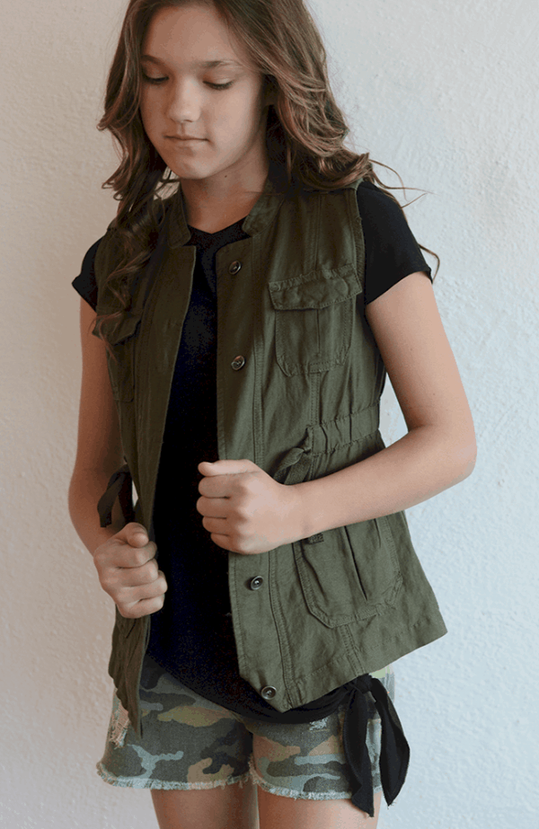 Tractr "Olive Button-Down Vest w/ Drawstring Waist"