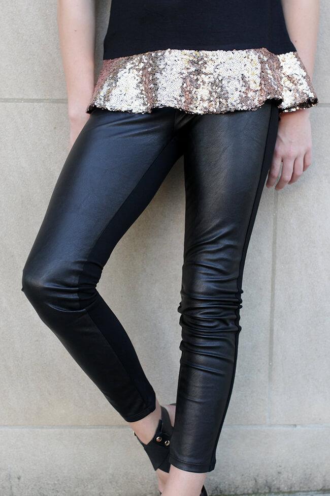 "Girls Leggings w/ Faux Leather Front" Black