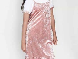 Girls Velvet Cami Dress w/ Ruffle Pink